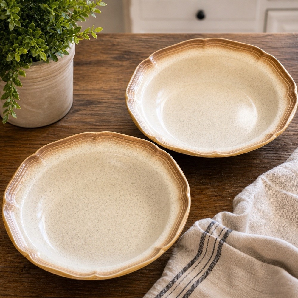 VTG Mikasa Whole Wheat E8000 Soup Salad Bowls 8.25" Set of 2 Japan Stoneware EUC